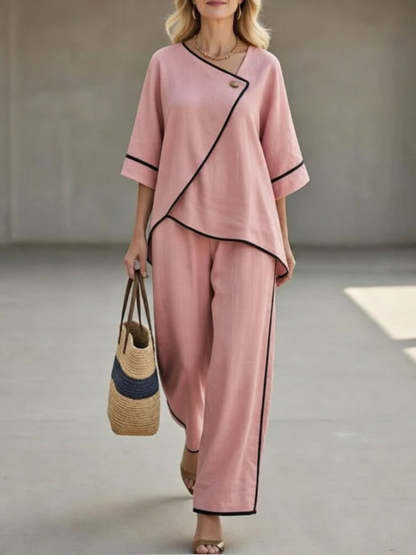 Casual Black Linen And Cotton Asymmetrical Collar Top And Pants Set