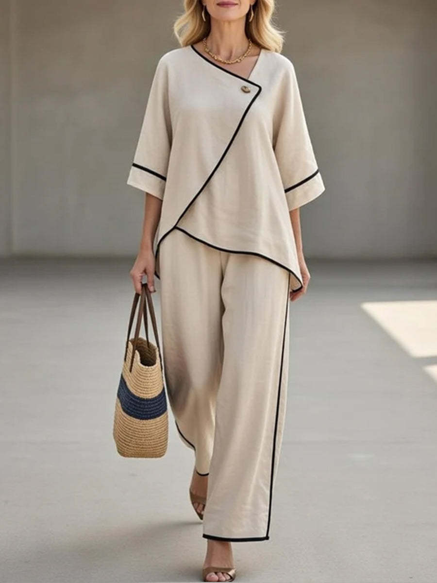 Casual Black Linen And Cotton Asymmetrical Collar Top And Pants Set