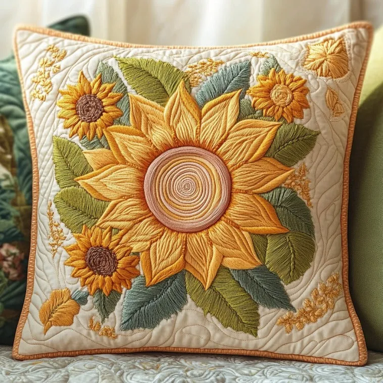 Elegant Sunflower Embroidery Quilted Pillow