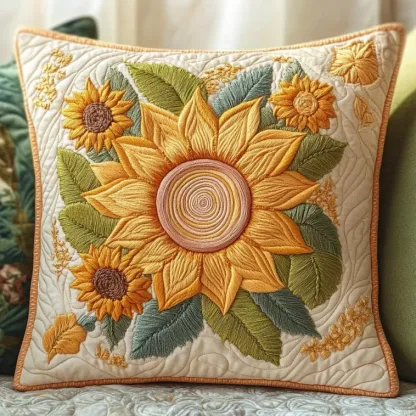 Elegant Sunflower Embroidery Quilted Pillow