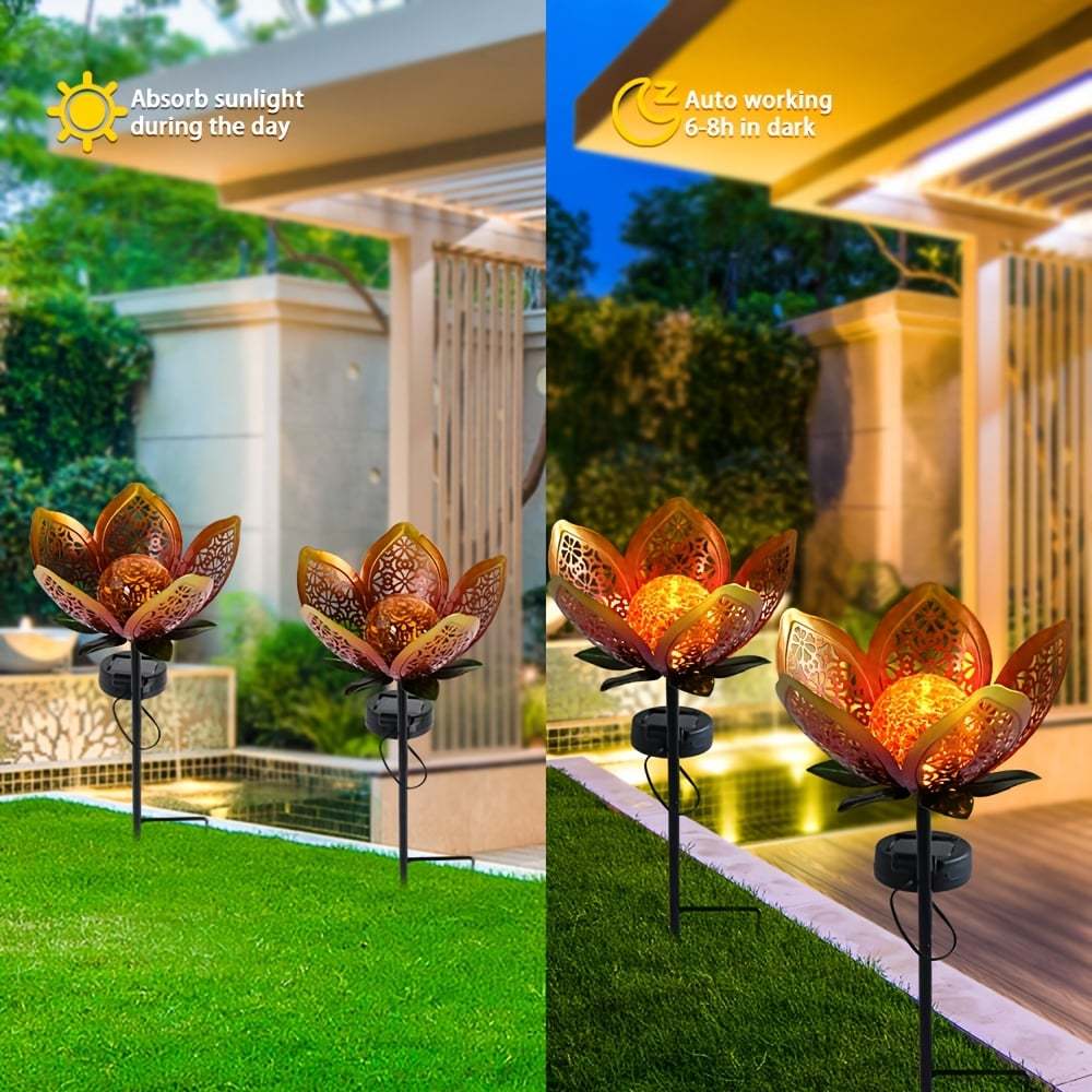 Solar Powered Metal Lotus Flower Garden Stake Lights