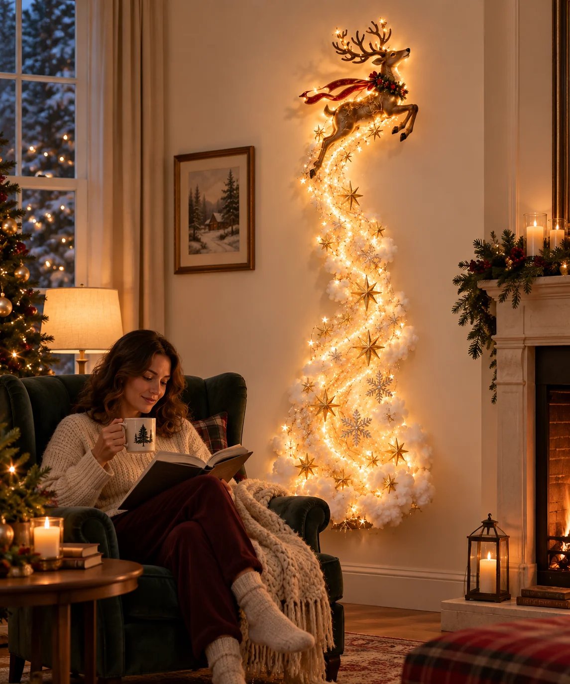 Reindeer Christmas Magic Trail Wall Light glowing on a warm holiday wall
