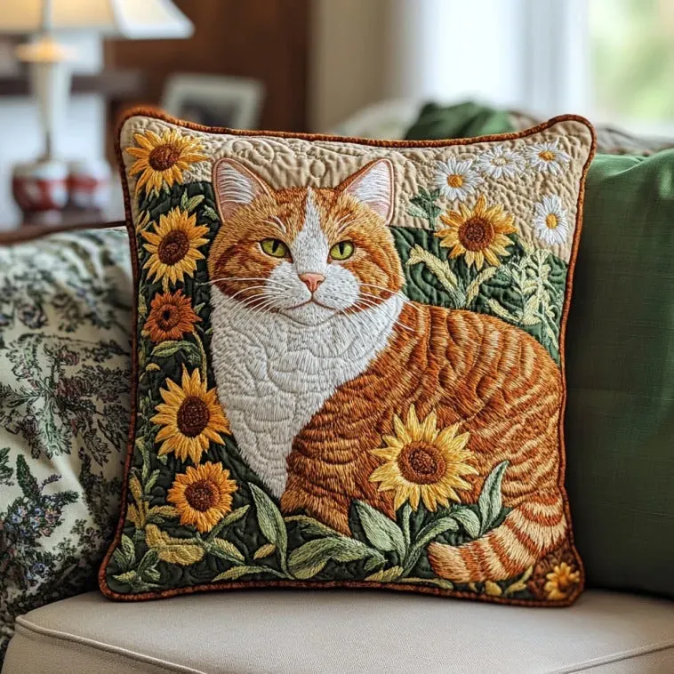 Sunflower Field Ginger Cat Quilted Pillow