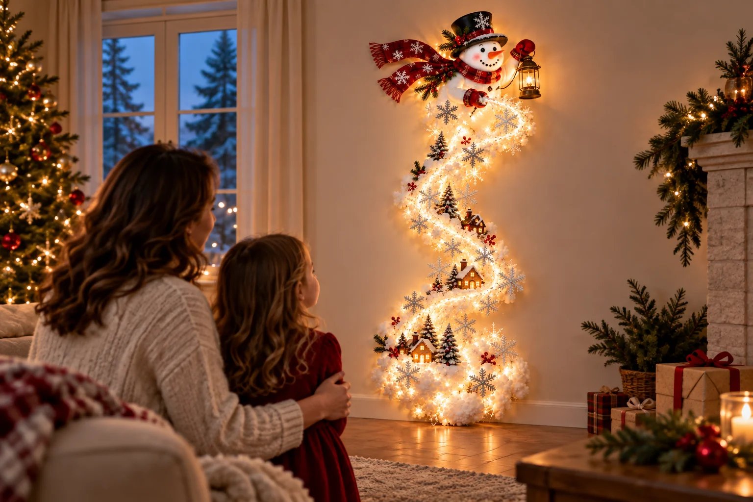 Family enjoying a Snowman Christmas Magic Trail Wall Light in a living room