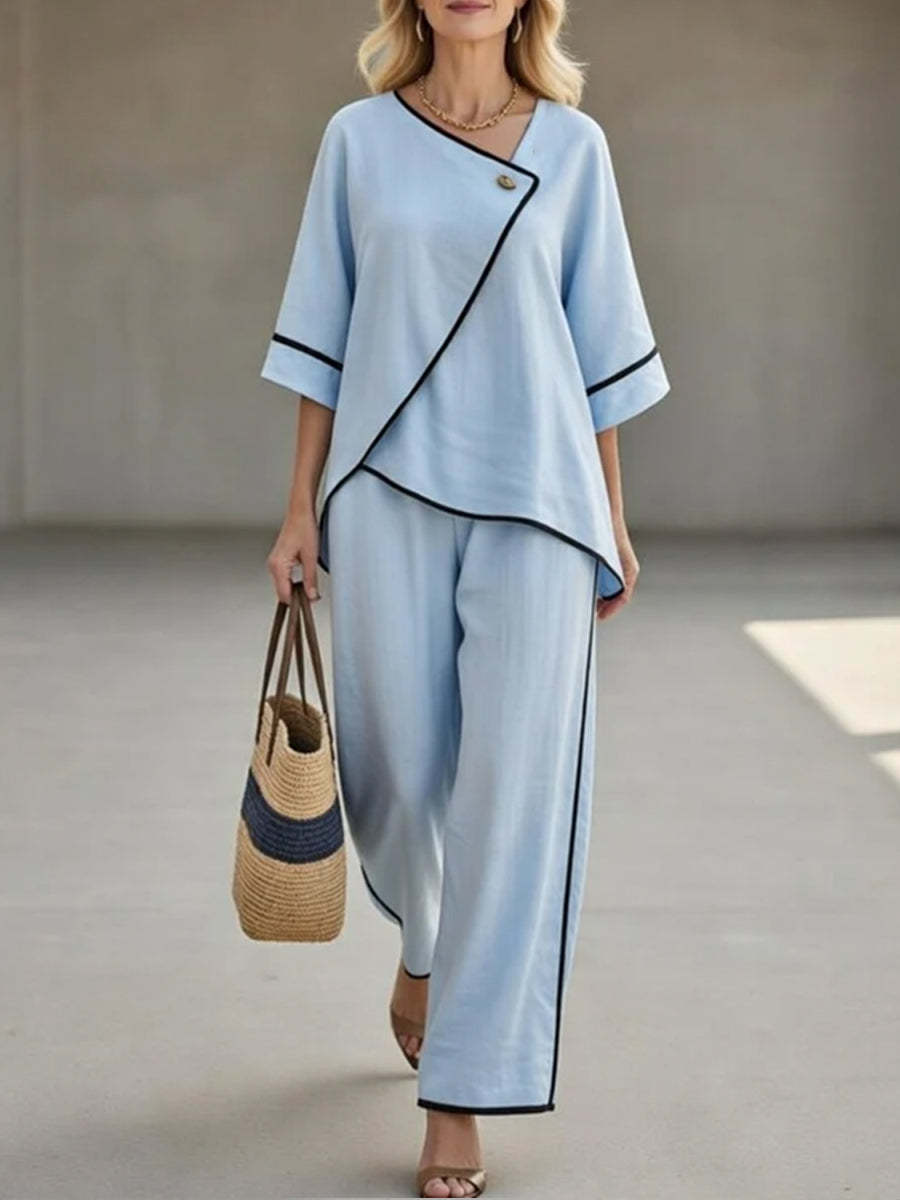 Casual Black Linen And Cotton Asymmetrical Collar Top And Pants Set