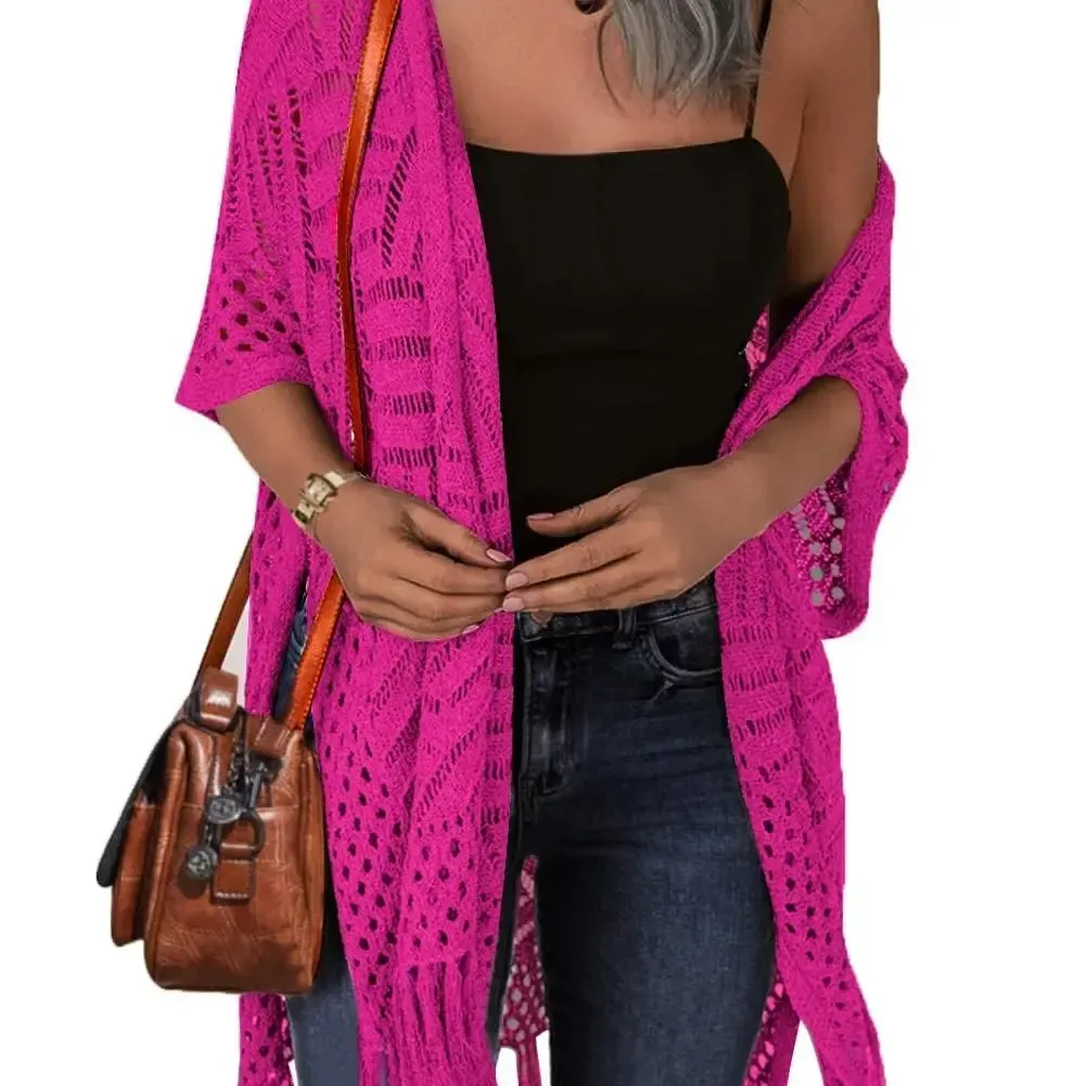 Women’s Lightweight Crochet Tassel Kimono Cardigan