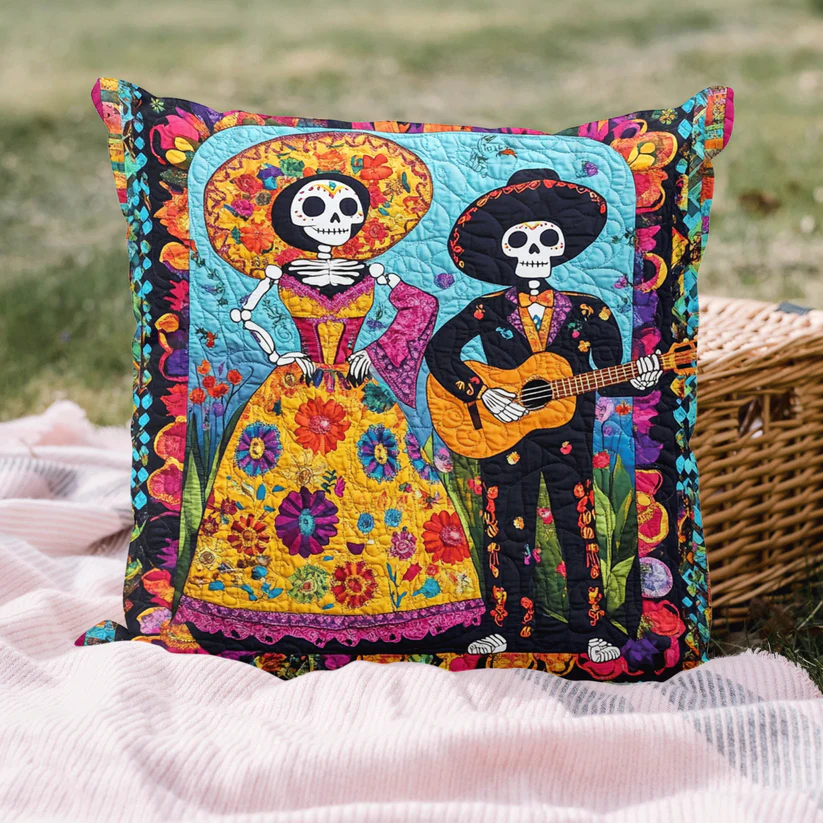 Day of the Dead Skeleton Couple Quilted Pillow