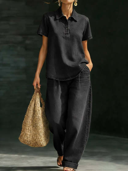 NEW🔥Women's Casual Cozy Polo Collar Shirt And Jeans Denim Set