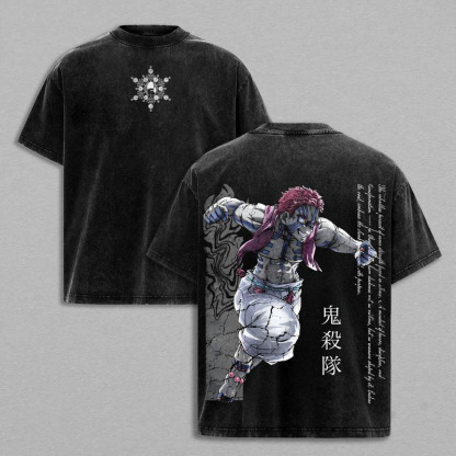 Vintage Washed Demon Slayer Akaza Graphic Oversized Cotton Tee
