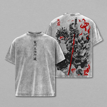 Streetwear Tanjiro Kamado Sun Breathing Graphic Washed Cotton Tee