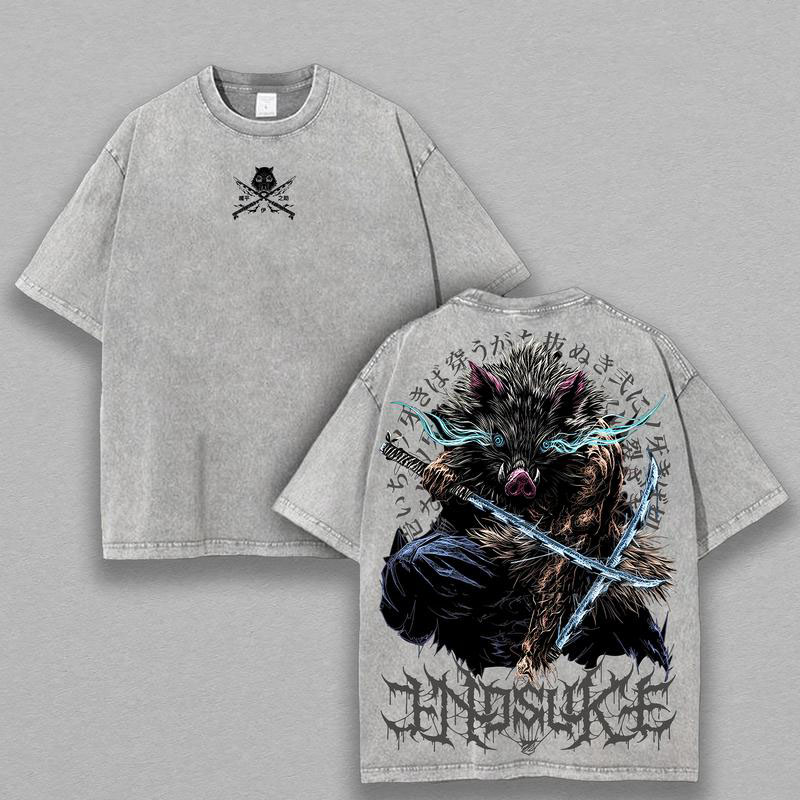 Vintage Washed Demon Slayer Inosuke Boar Graphic Oversized Tee