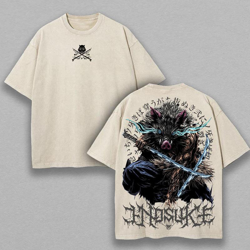 Vintage Washed Demon Slayer Inosuke Boar Graphic Oversized Tee