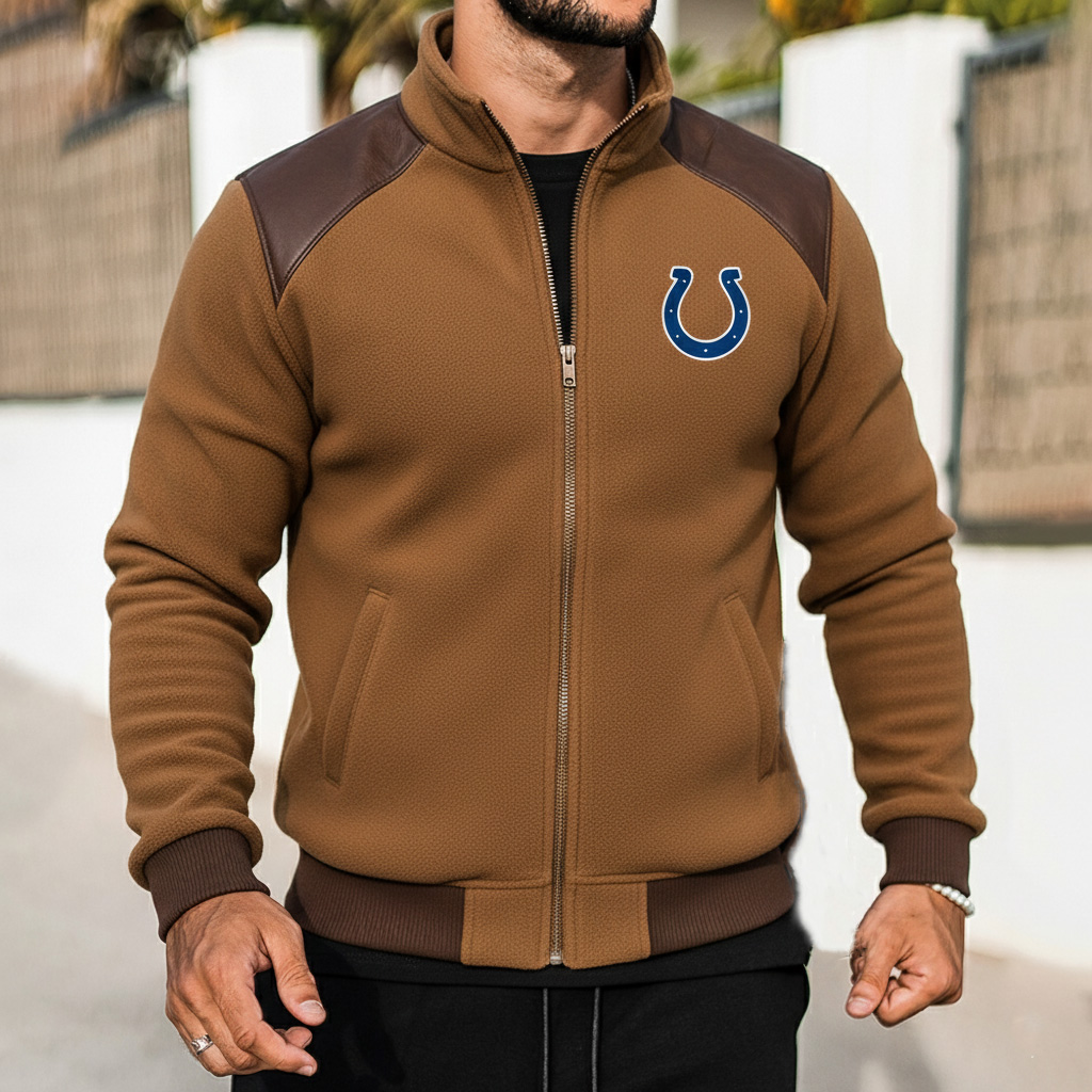 Indianapolis Colts Retro Fleece Color Block Leather Stand Collar Jacket, Warm Coat
