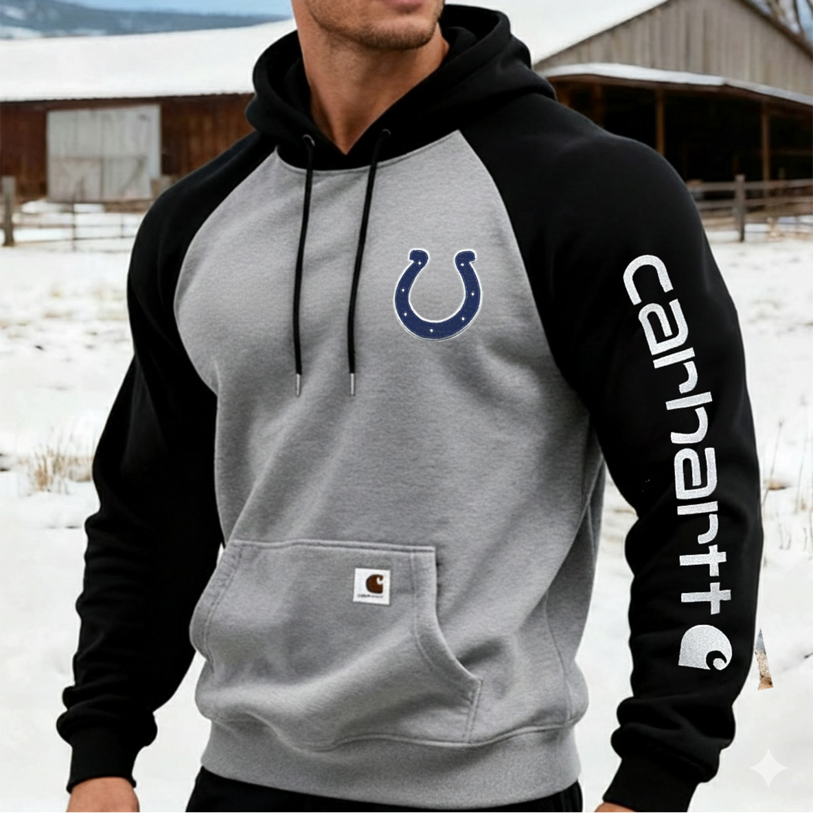 Carhartt×Indianapolis Coltsworkwear badge Black and Grey hooded sweatshirt