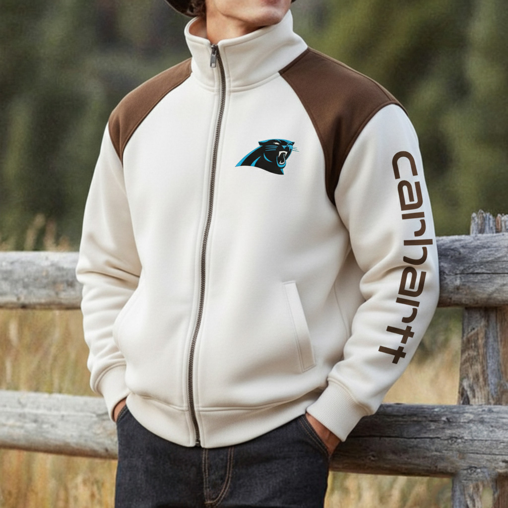 Carolina Panthers Retro Hoodie With Color Block Suede Stand Collar, Warm Jacket