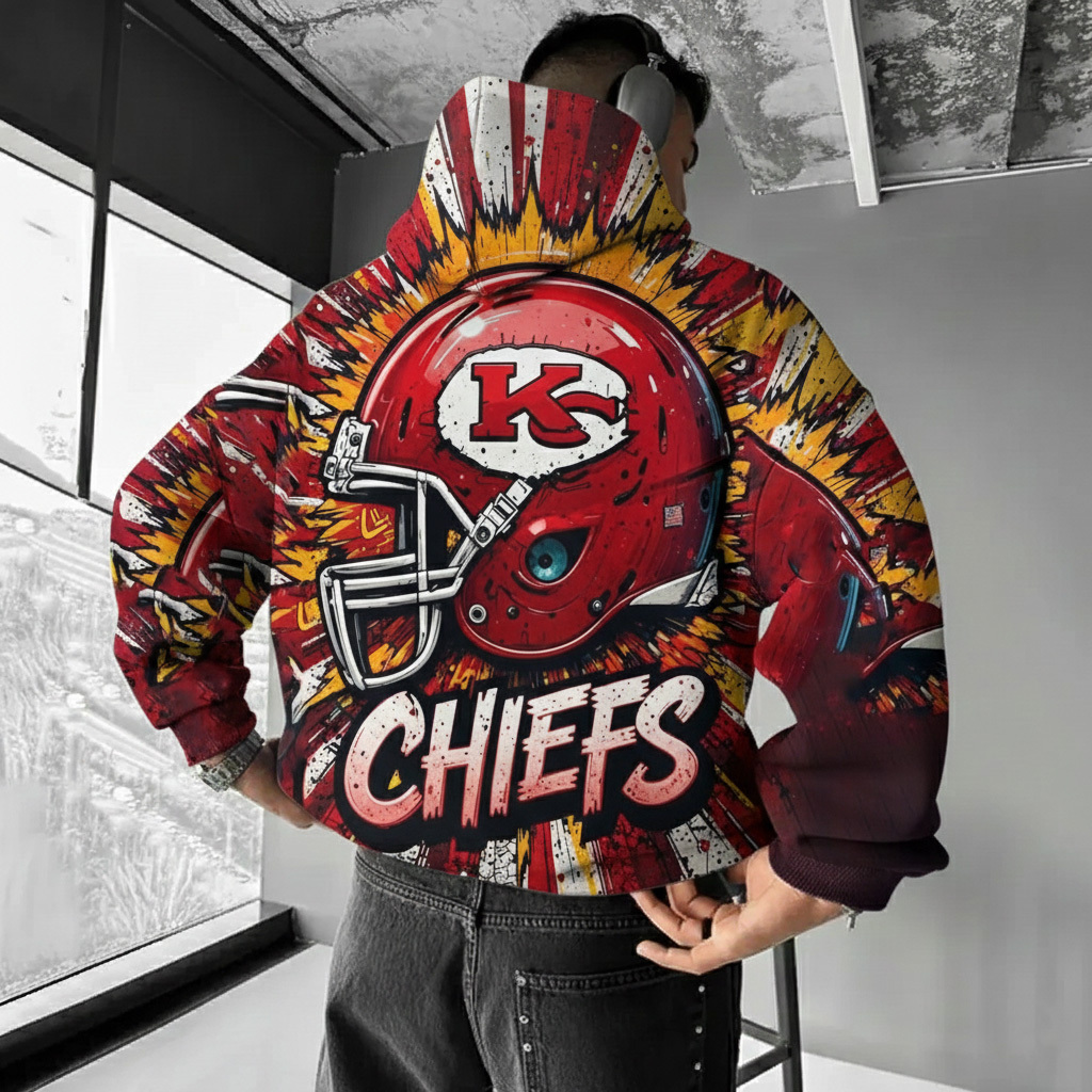 Team Fan Style Red Football Helmet Explosive Graphic Hoodie