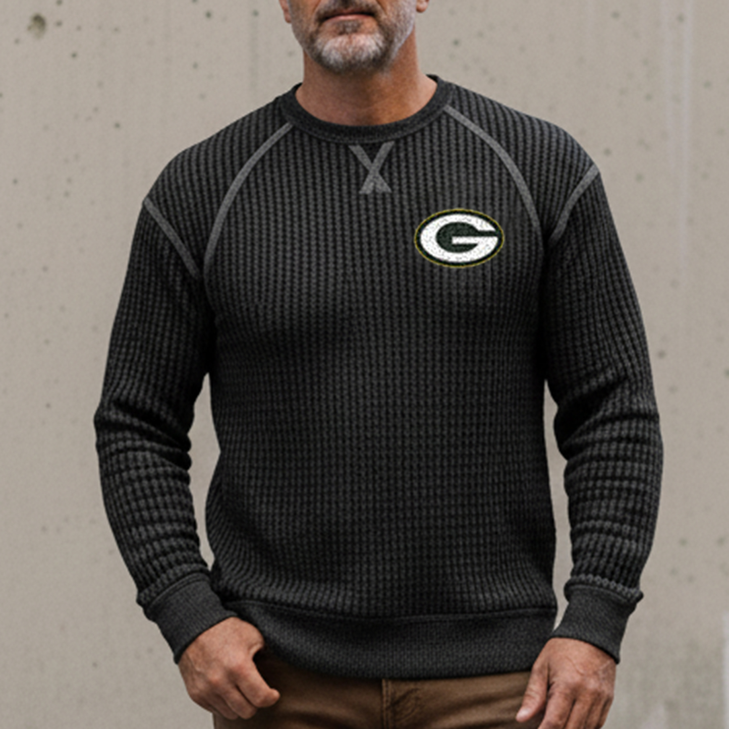 Men's Vintage Western Cowboy Waffle Knit Crew Neck Long Sleeve Sweatsh