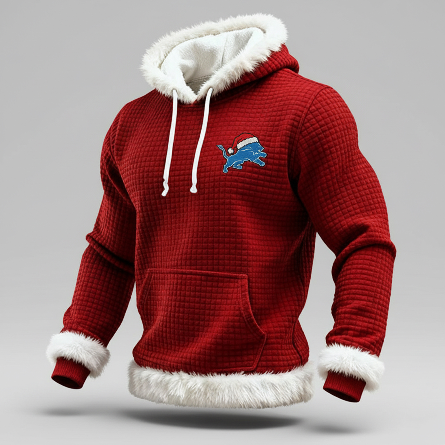 "Lion Dance Christmas" Blue lion print red diamond-patterned fleece sweatshirt