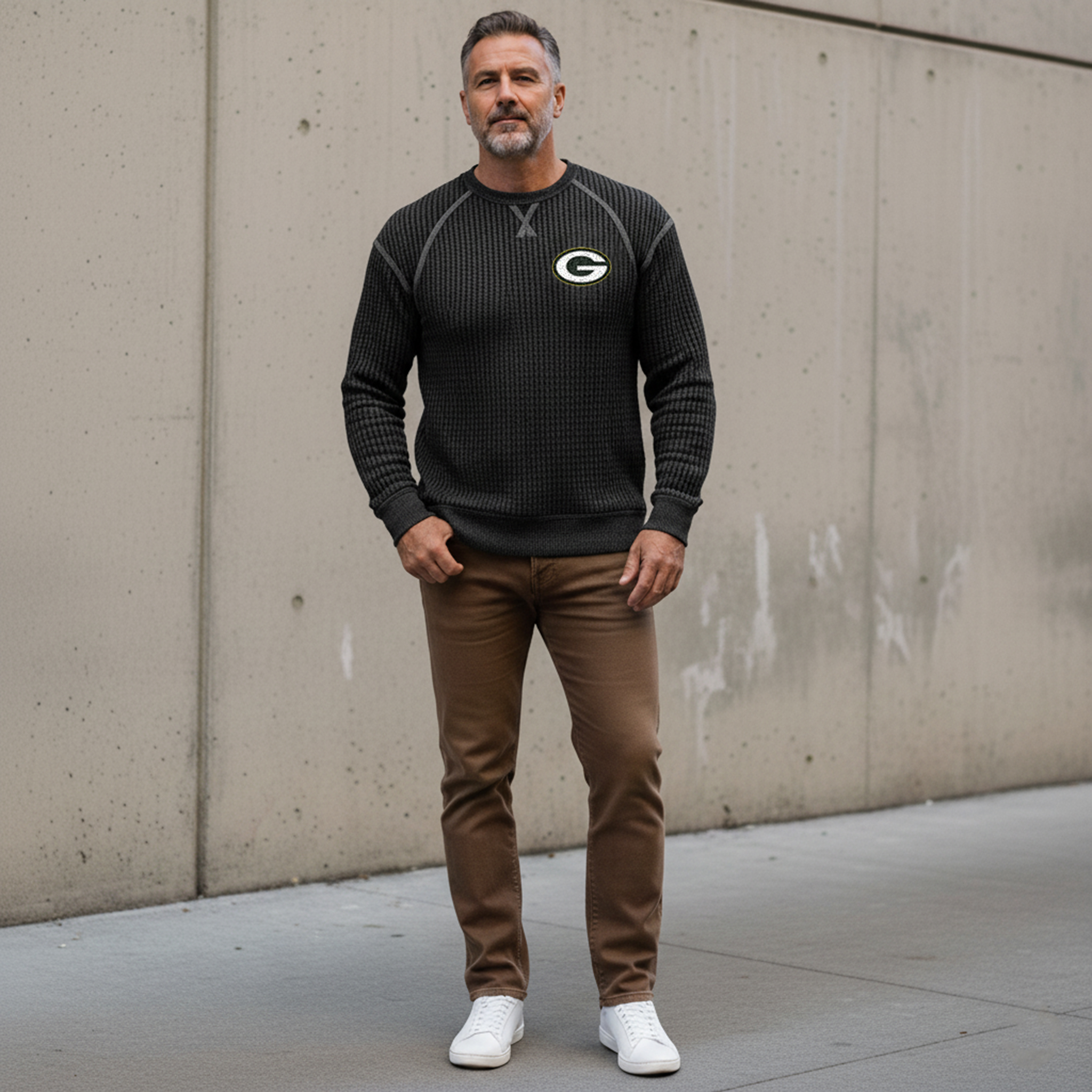 Men's Vintage Green Bay Packers  Western Cowboy Waffle Knit Crew Neck Long Sleeve Sweatshirt