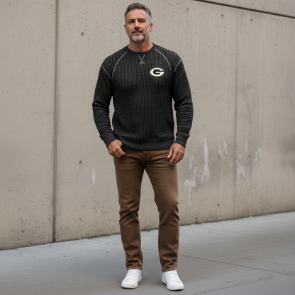 Men's Vintage Green Bay Packers  Western Cowboy Waffle Knit Crew Neck Long Sleeve Sweatshirt