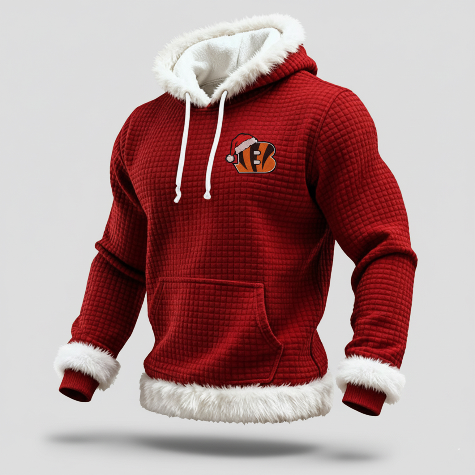 "Christmas Cute Tiger" black tiger head printed red fleece hooded sweatshirt