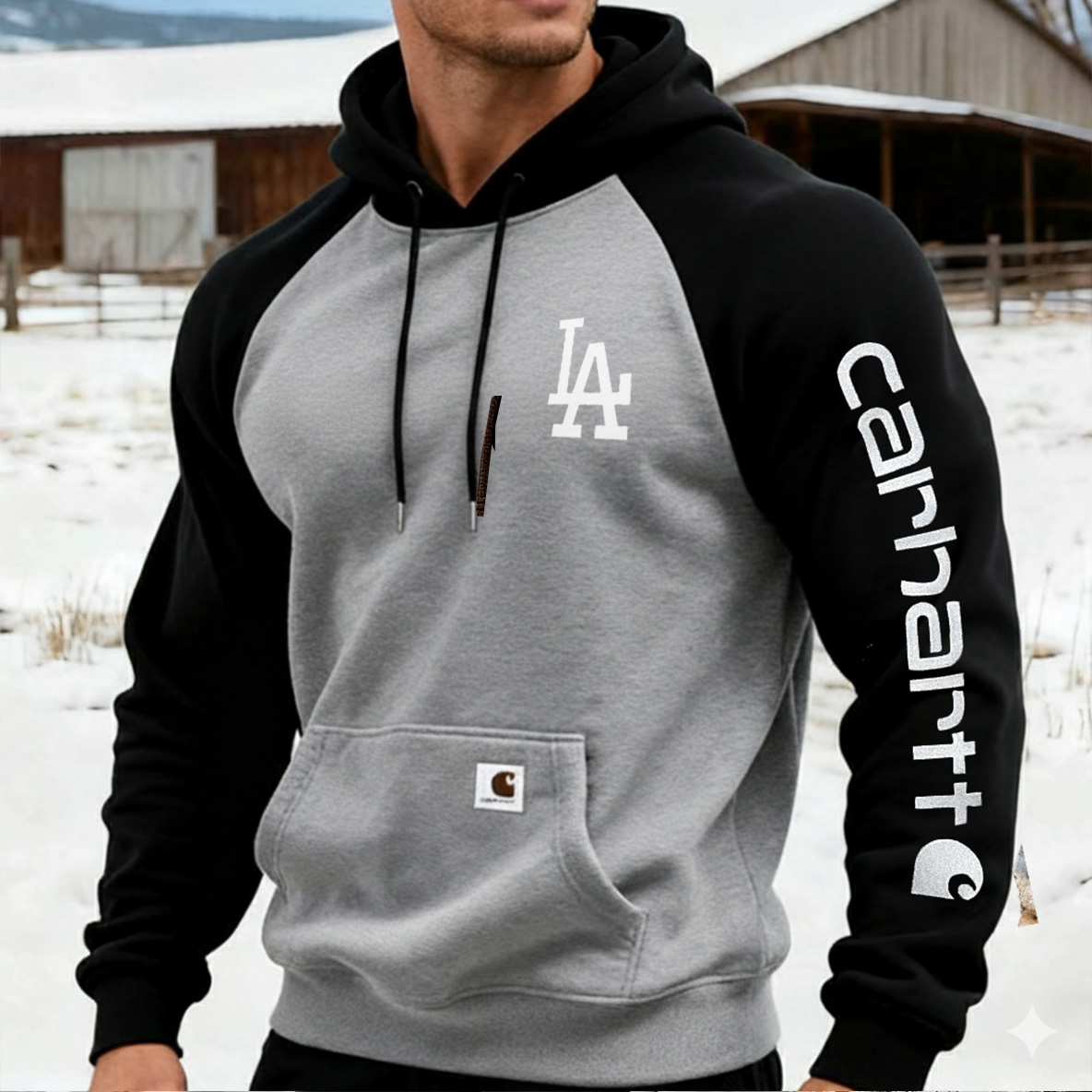 Carhartt×Los Angeles Dodgers workwear badge Black and Grey hooded sweatshirt