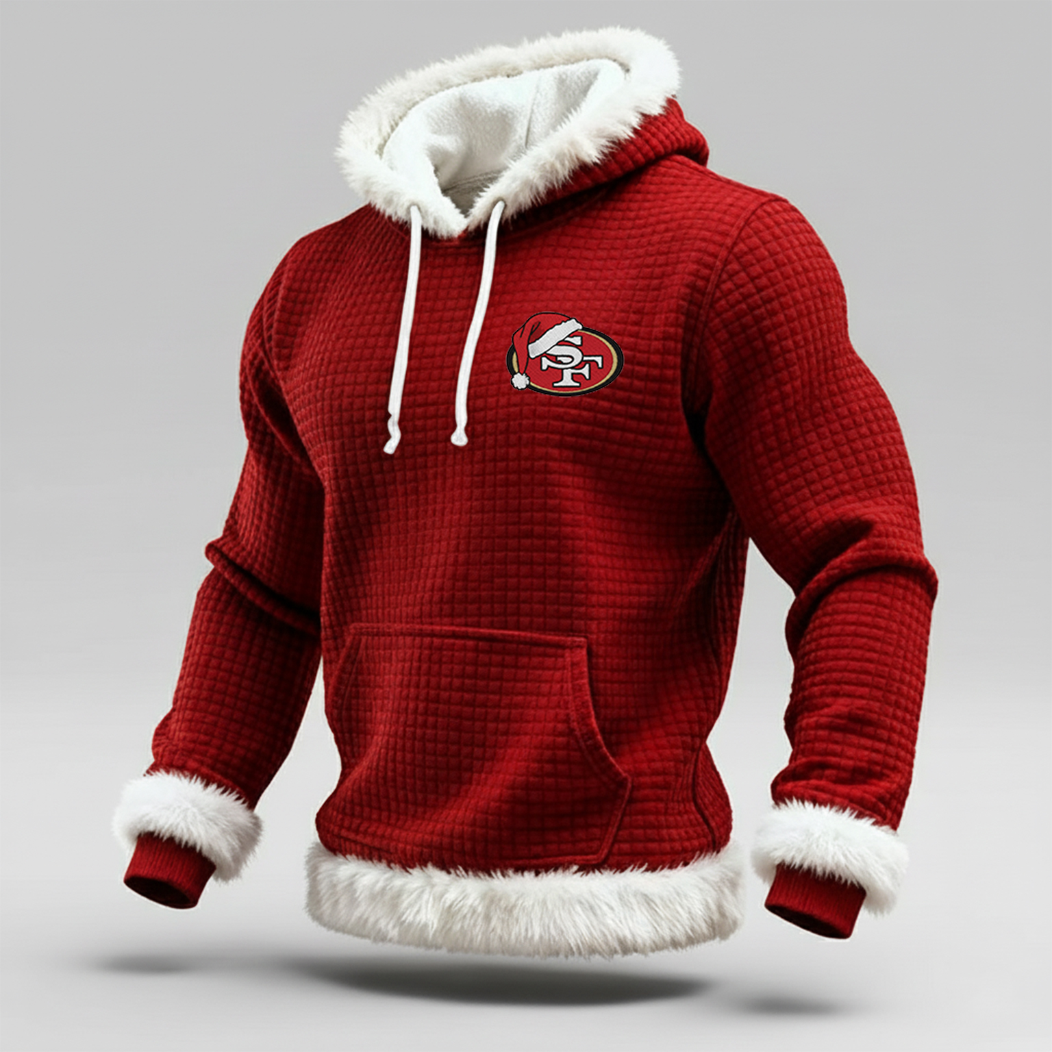 A loose plush hoodie with red diamond-patterned Christmas badges