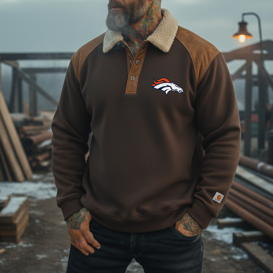 Denver Broncos & Carhart lambskin lapel tough guy style long-sleeved Polo shirt