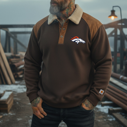 Denver Broncos & Carhart lambskin lapel tough guy style long-sleeved Polo shirt