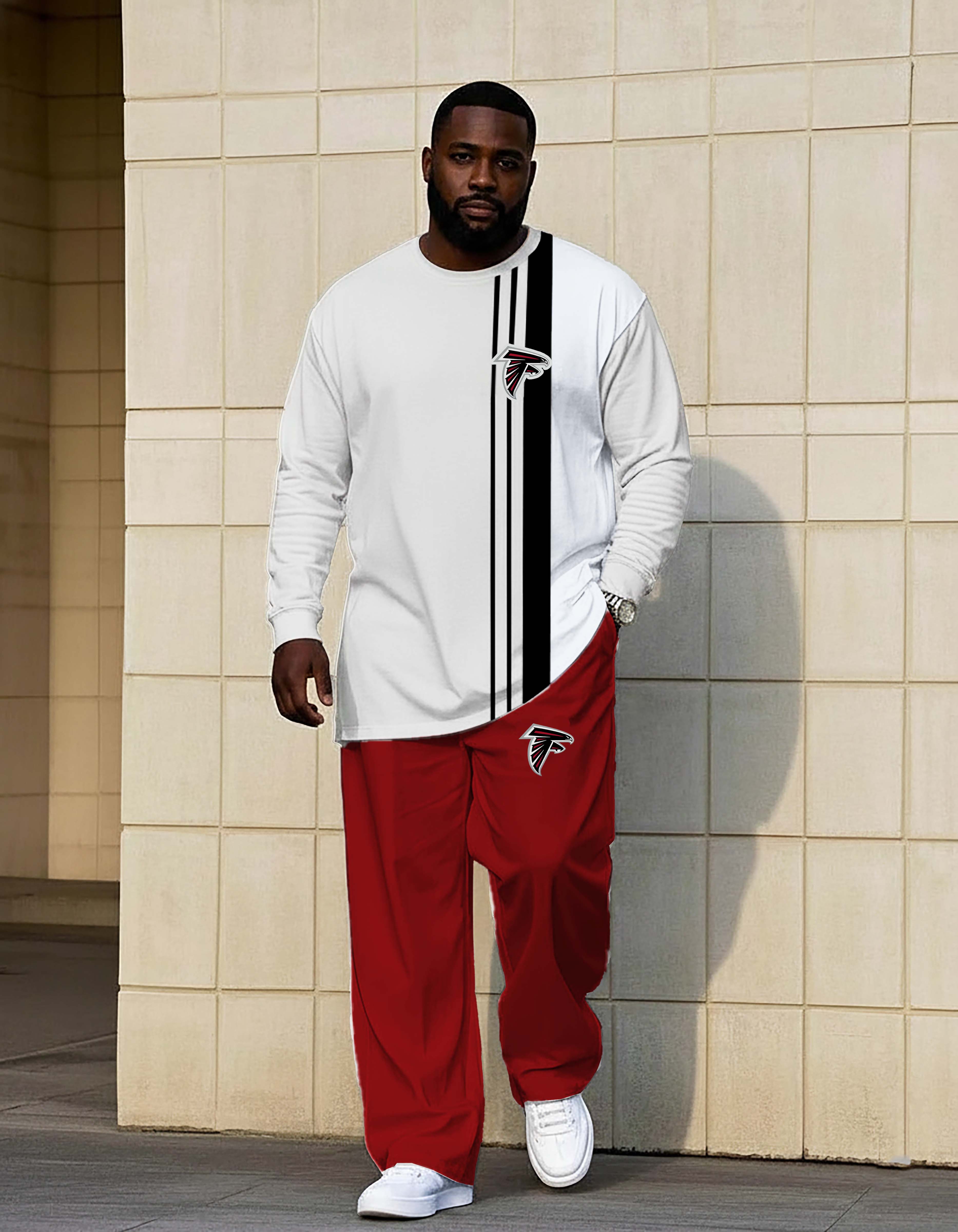 White and Red Split Design Hardknock Pants Hoodie Set