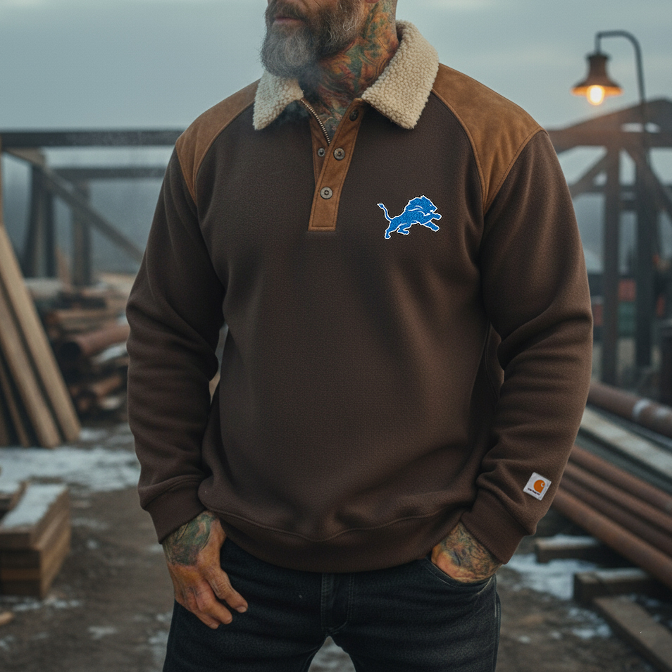 Detroit Lions& Carhart lambskin lapel tough guy style long-sleeved Polo shirt