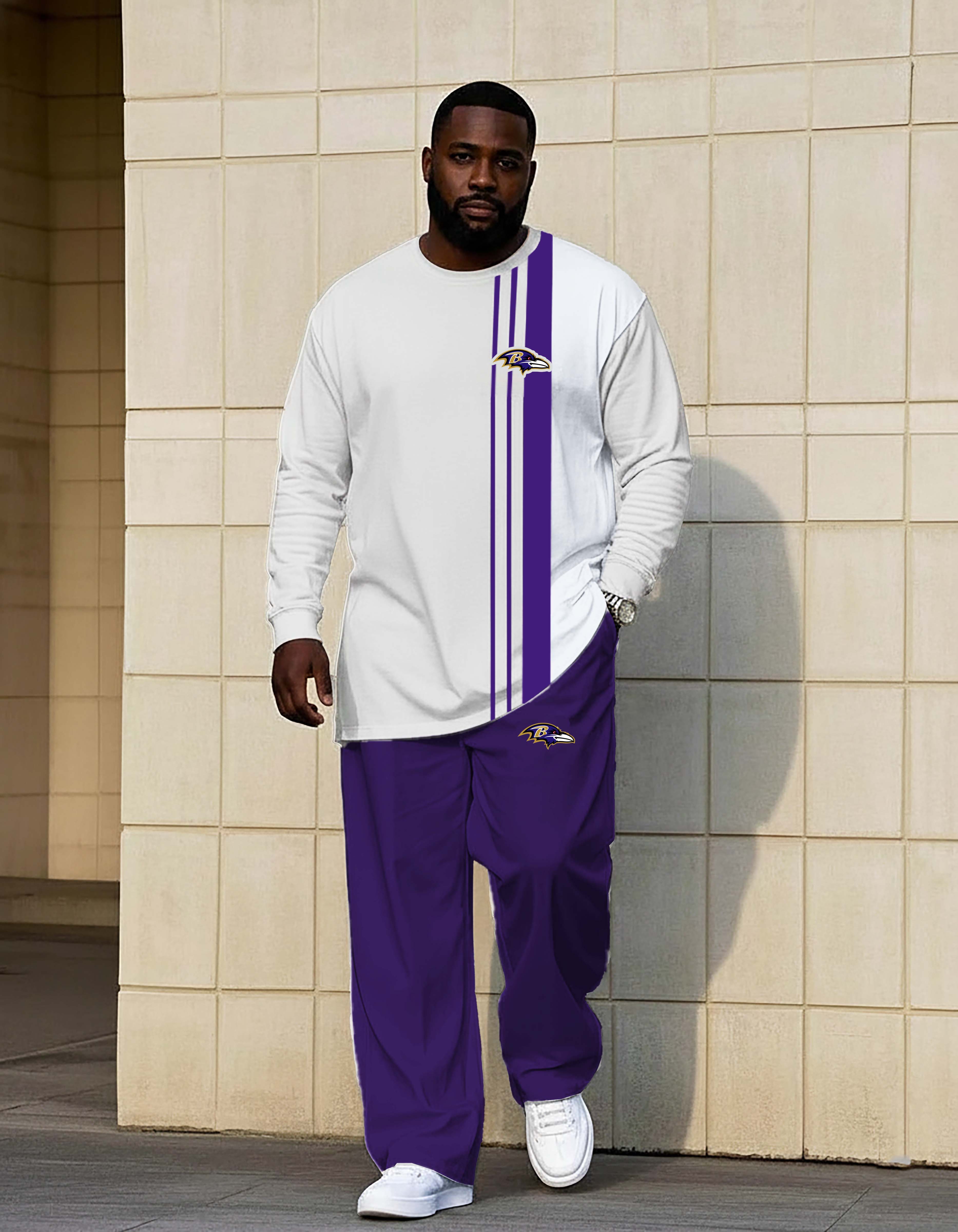 Purple and White Split Design Hardknock Pants Hoodie Set