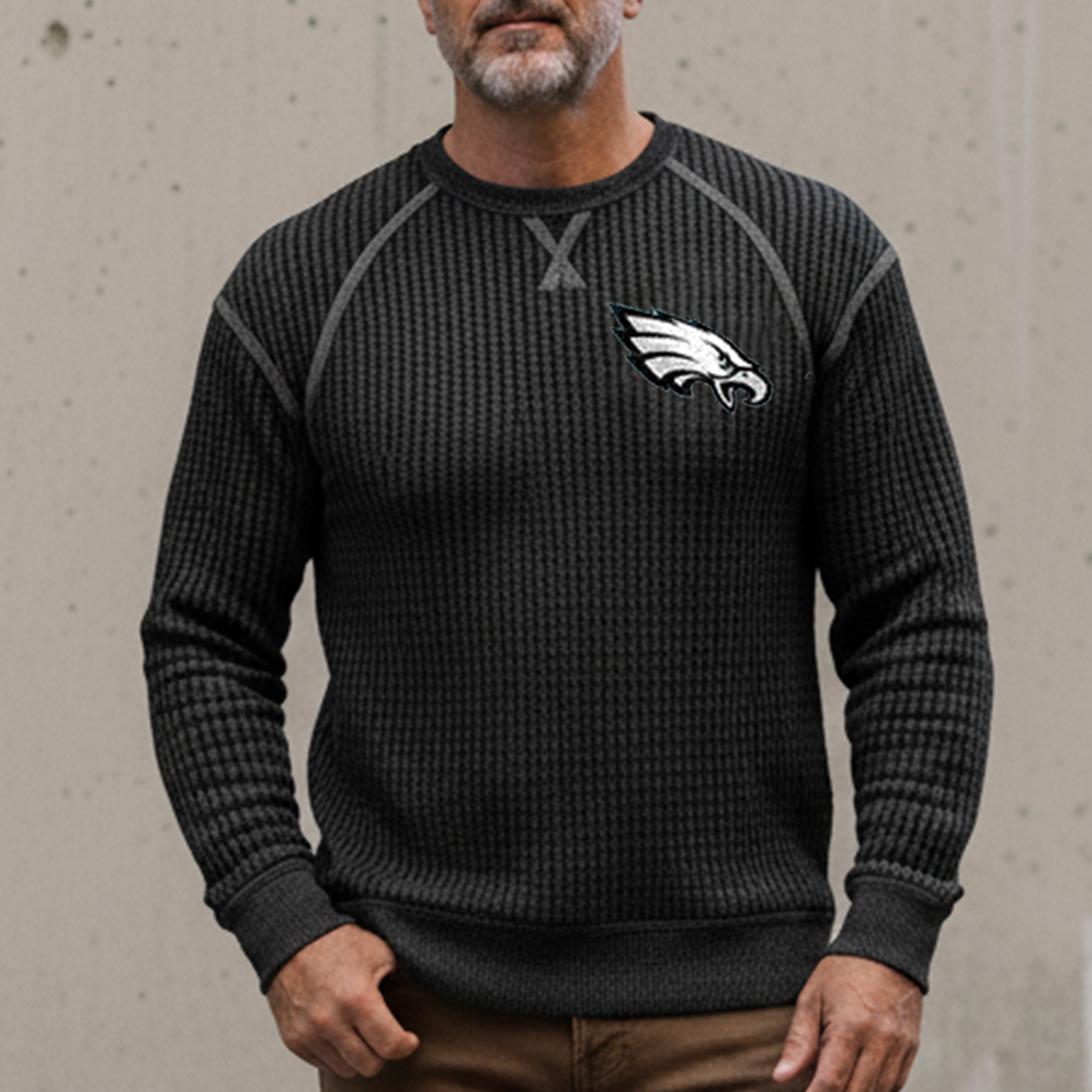 Men's Vintage Philadelphia Eagles Western Cowboy Waffle Knit Crew Neck Long Sleeve Sweatshirt