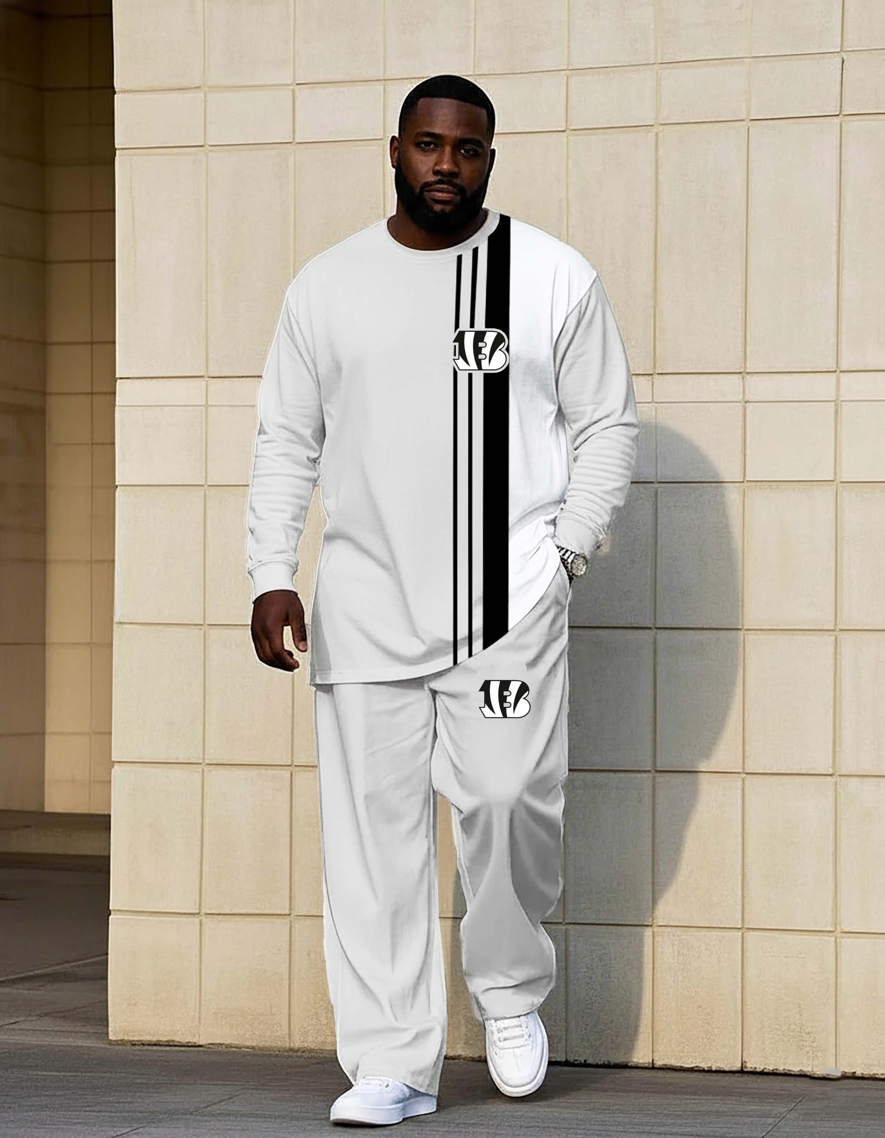 All White Black Stripe Logo Hardknock Pants Hoodie Set