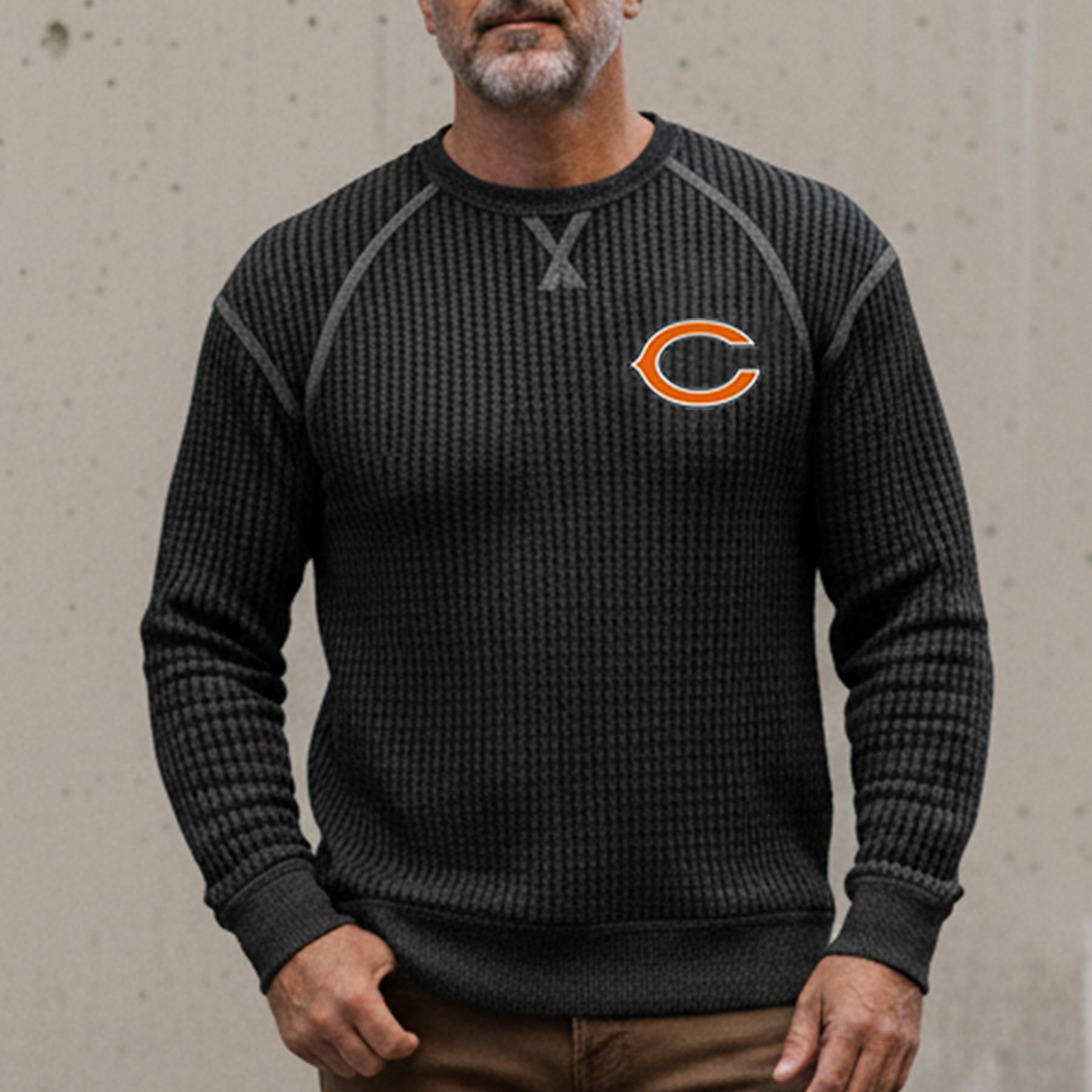 Men's Vintage Chicago Bears Western Cowboy Waffle Knit Crew Neck Long Sleeve Sweatshirt