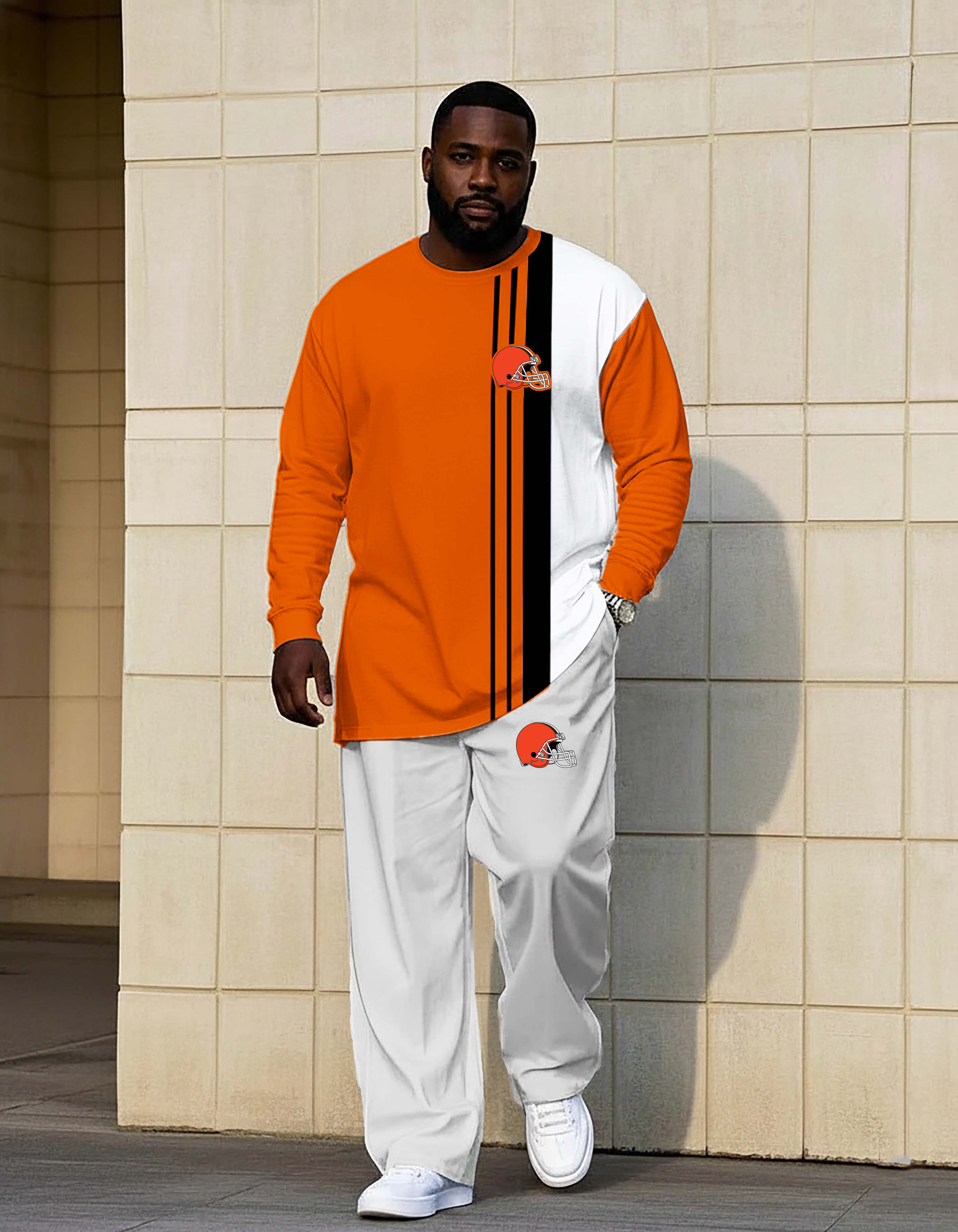 Orange and White Split Design Hardknock Pants Hoodie Set