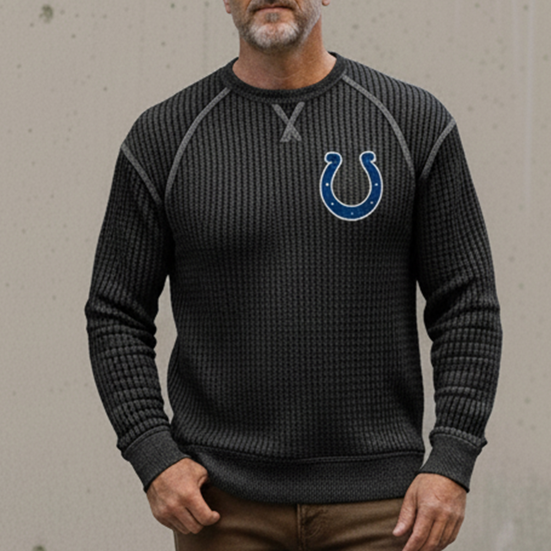 Men's Vintage Indianapolis Colts Western Cowboy Waffle Knit Crew Neck Long Sleeve Sweatshirt