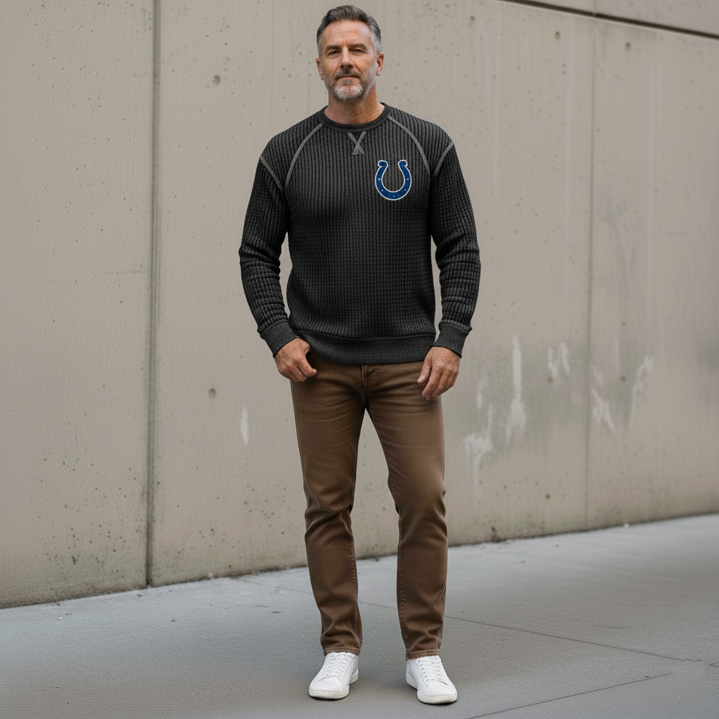 Men's Vintage Indianapolis Colts Western Cowboy Waffle Knit Crew Neck Long Sleeve Sweatshirt