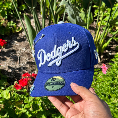 NEW ERA 59FIFTY BLUE  SCRIPT W/ 40TH ANNIVERSARY SIDE PATCH