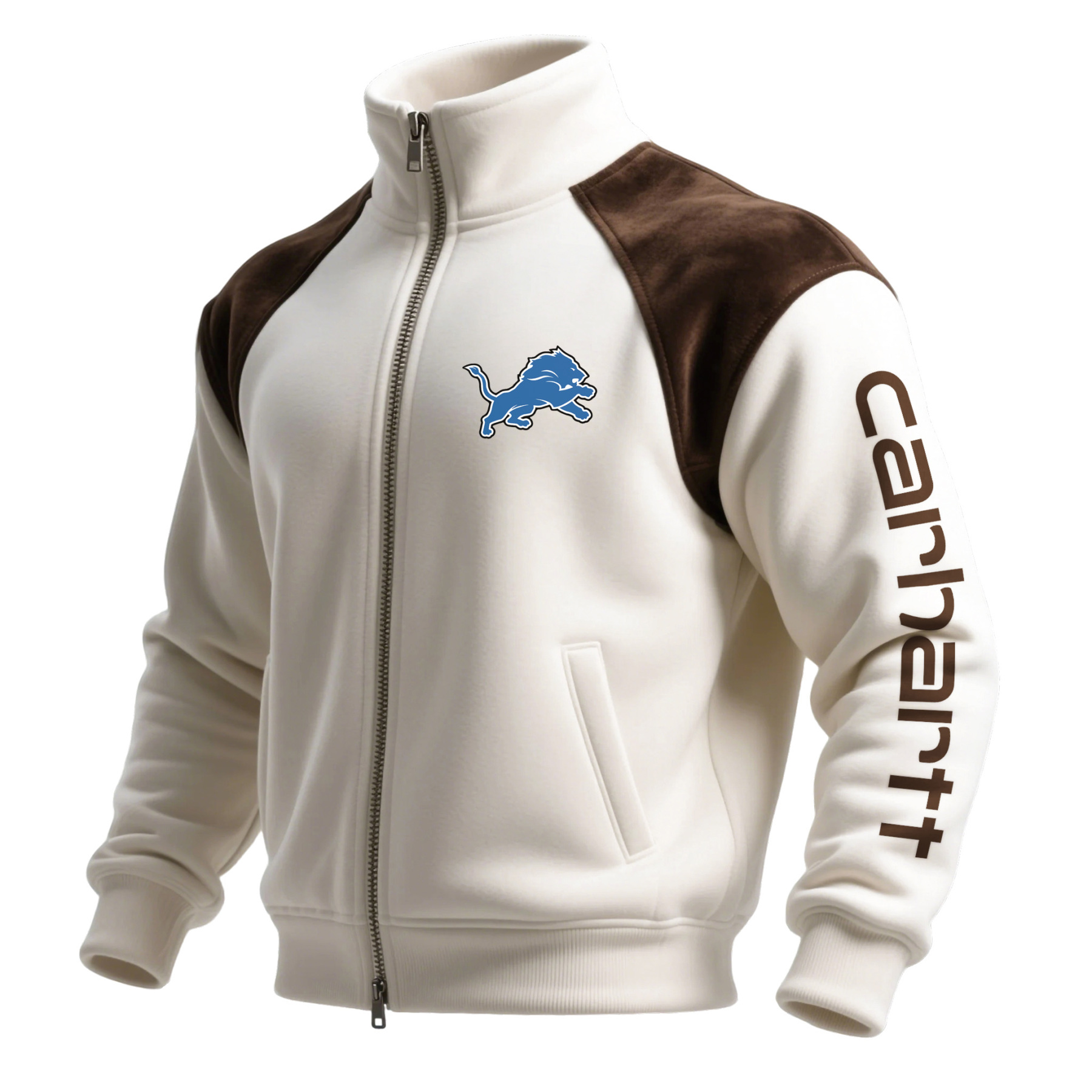 Detroit Lions Retro Hoodie With Color Block Suede Stand Collar, Warm Jacket