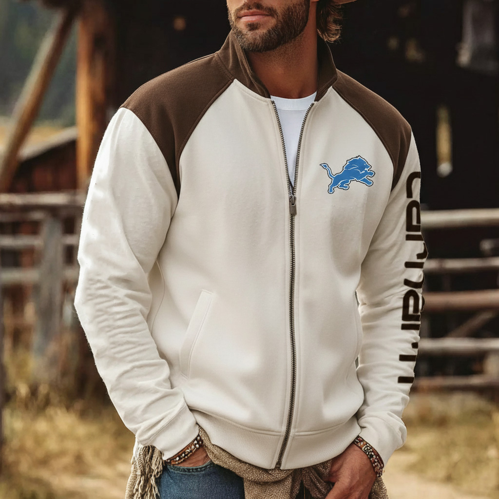 Detroit Lions Retro Hoodie With Color Block Suede Stand Collar, Warm Jacket