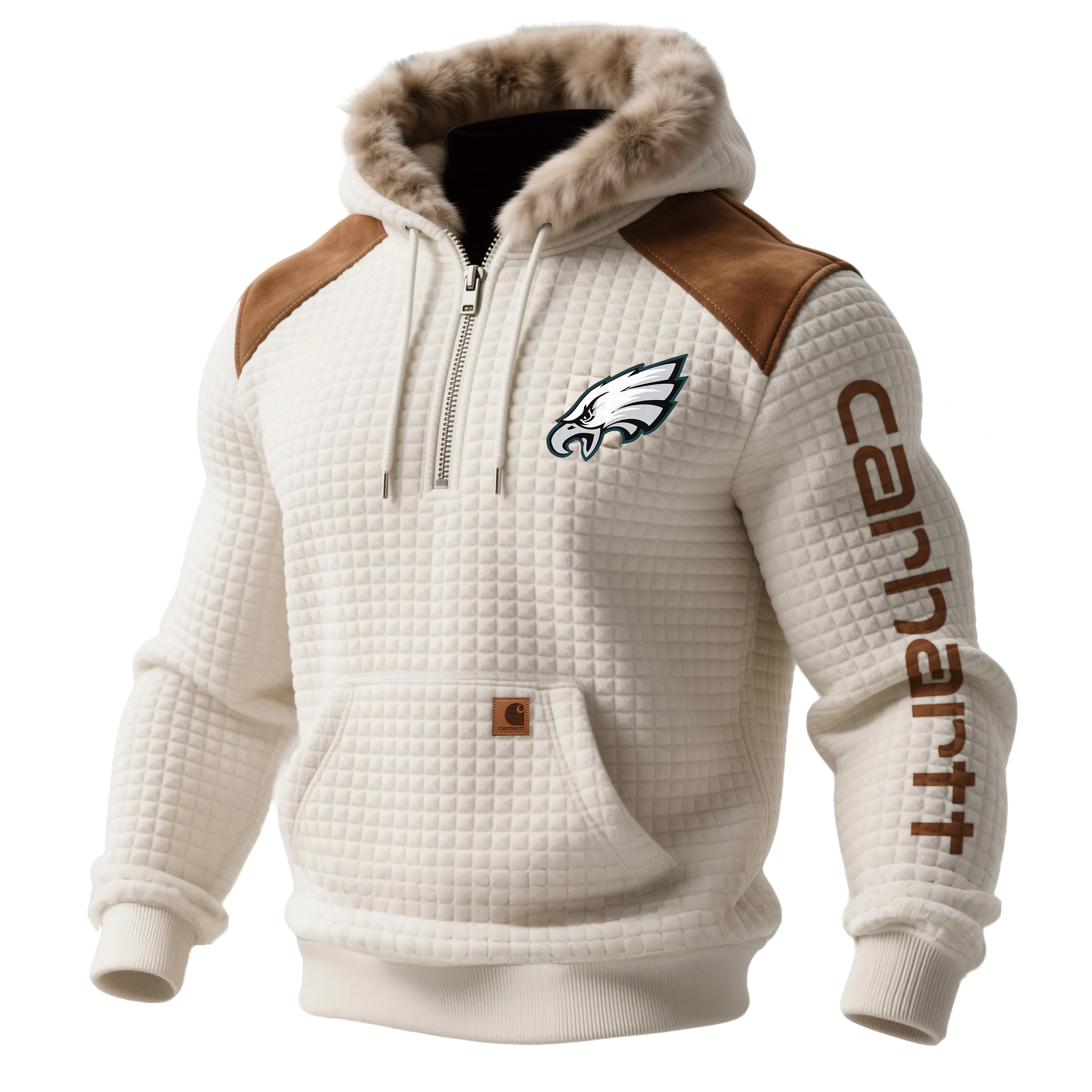 Philadelphia Eagles Men's Retro Western Style Waffle Panel Suede Fur Collar Hooded Sweatshirt