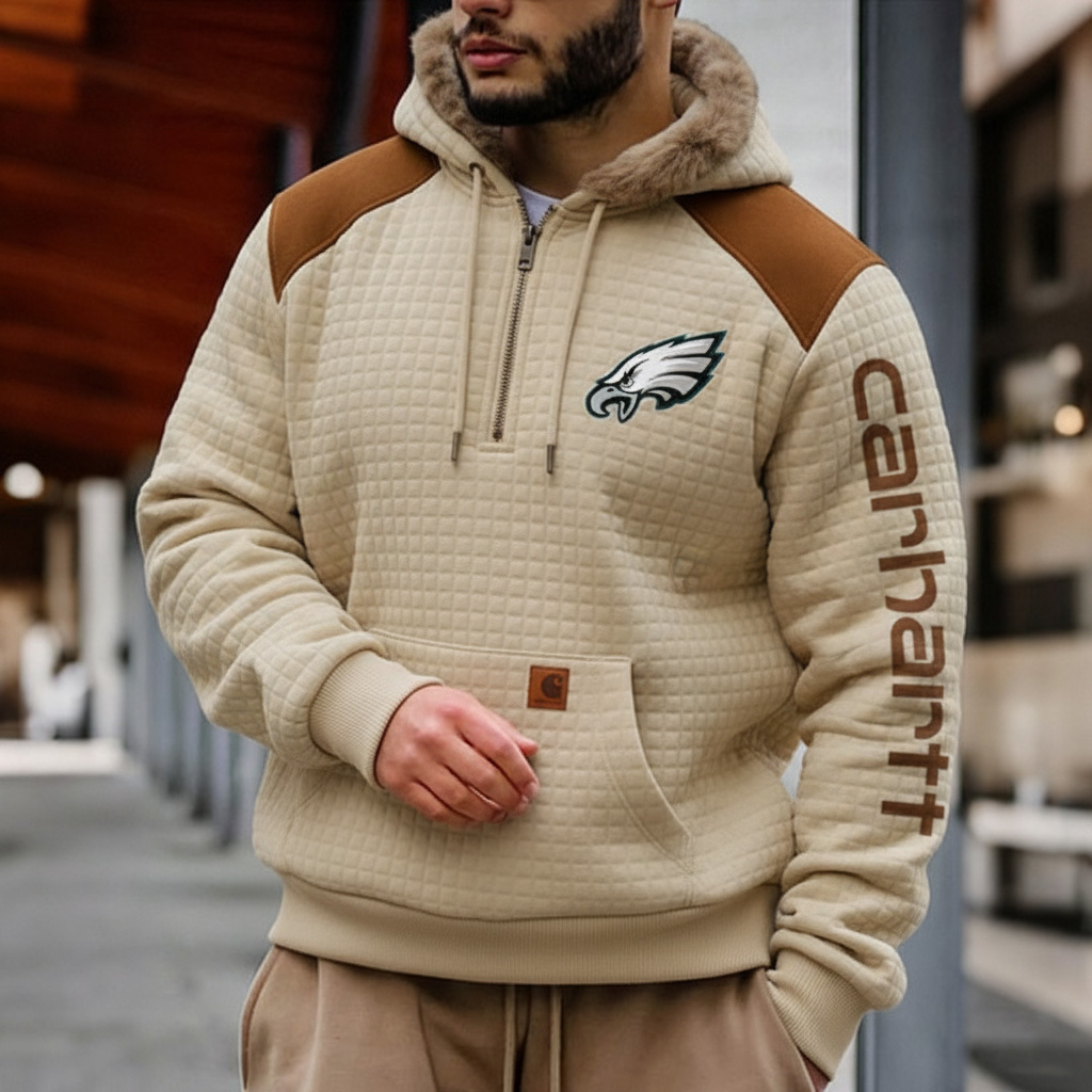 Philadelphia Eagles Men's Retro Western Style Waffle Panel Suede Fur Collar Hooded Sweatshirt