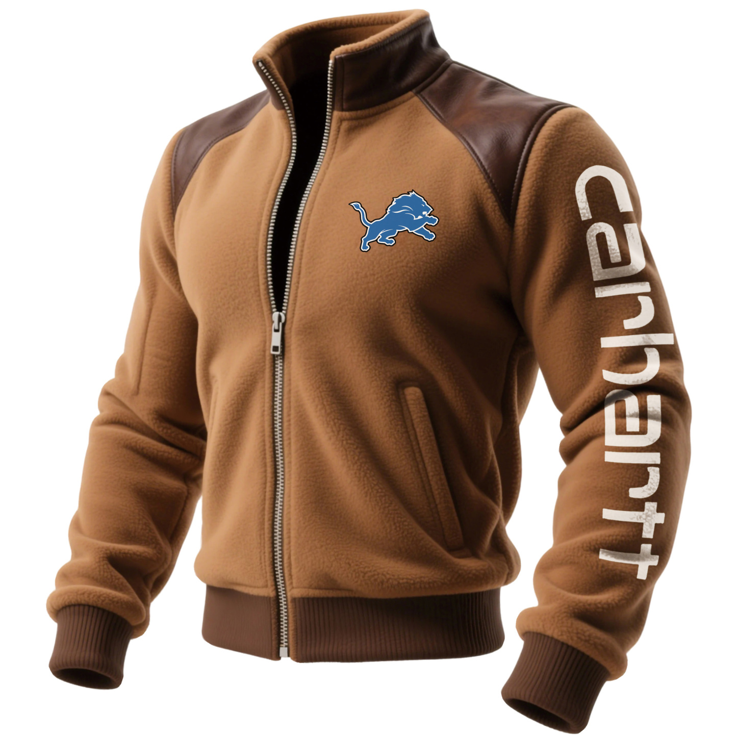 Detroit Lions Retro Fleece Color Block Leather Stand Collar Jacket, Warm Coat