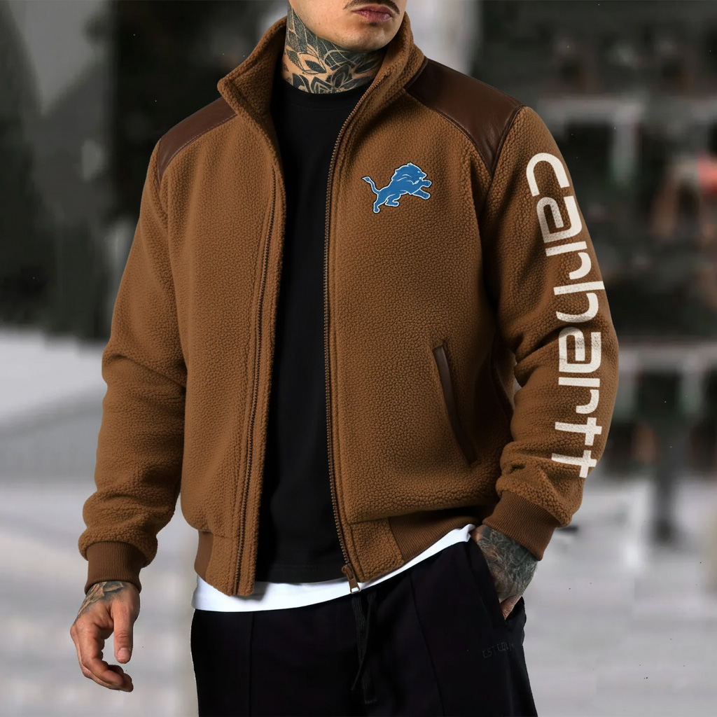 Detroit Lions Retro Fleece Color Block Leather Stand Collar Jacket, Warm Coat