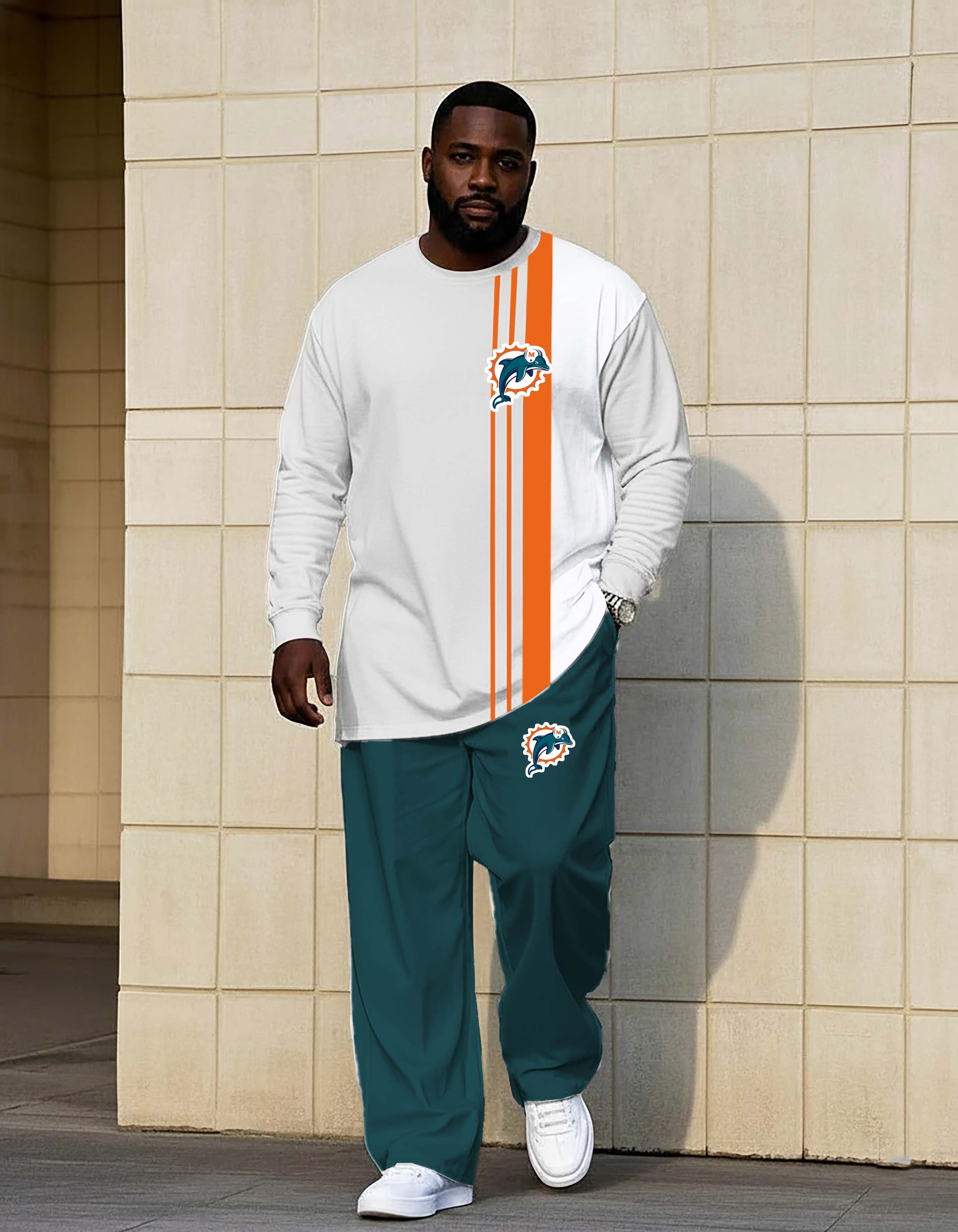 White and Orange Stripe Hardknock Pants Hoodie Set