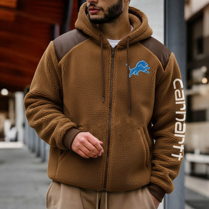 Detroit Lions Retro Fleece Color Block Leather Turtleneck Hooded Jacket