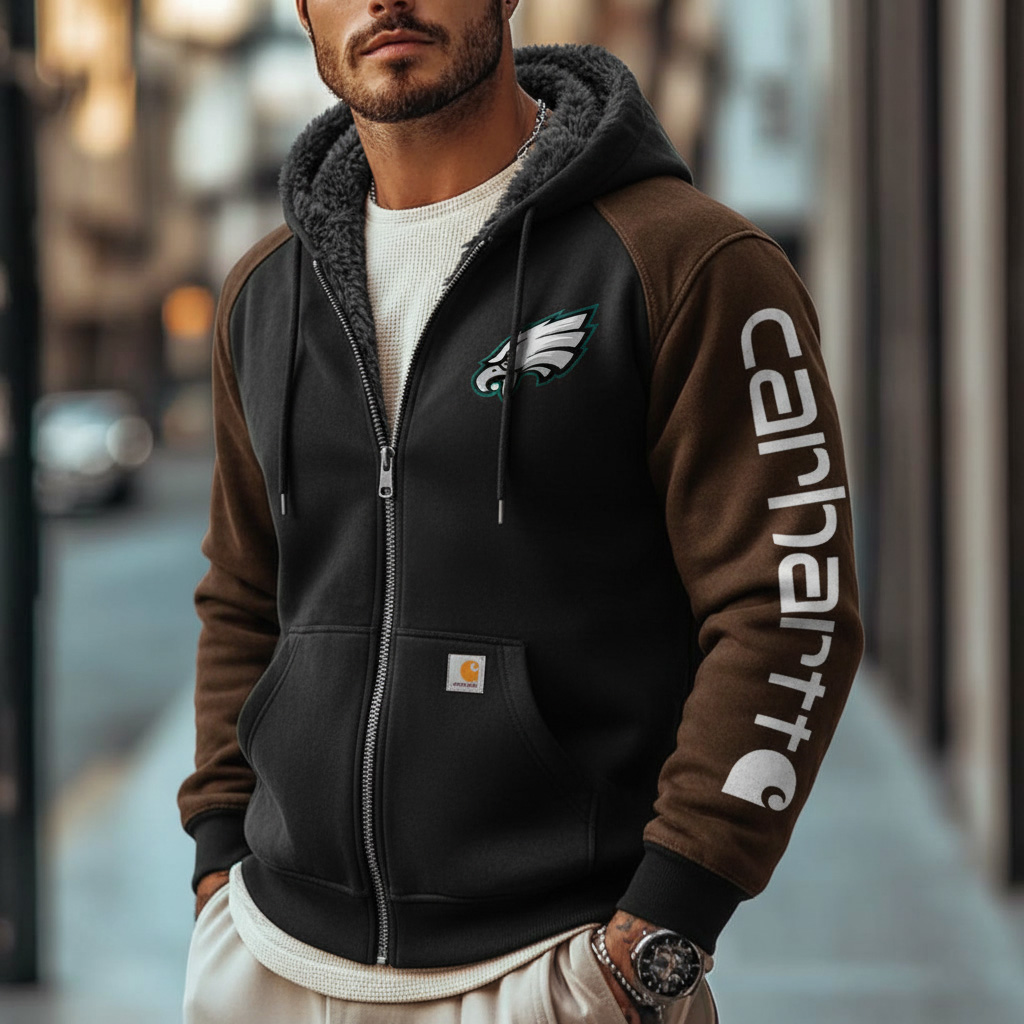 Philadelphia Eagles Outdoor Men's Casual Fur Collar Retro Zipper Cardigan Suede Jacket