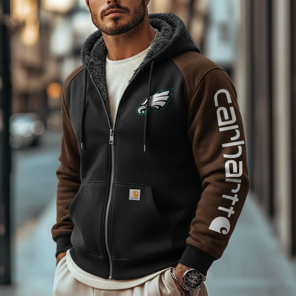 Philadelphia Eagles Outdoor Men's Casual Fur Collar Retro Zipper Cardigan Suede Jacket