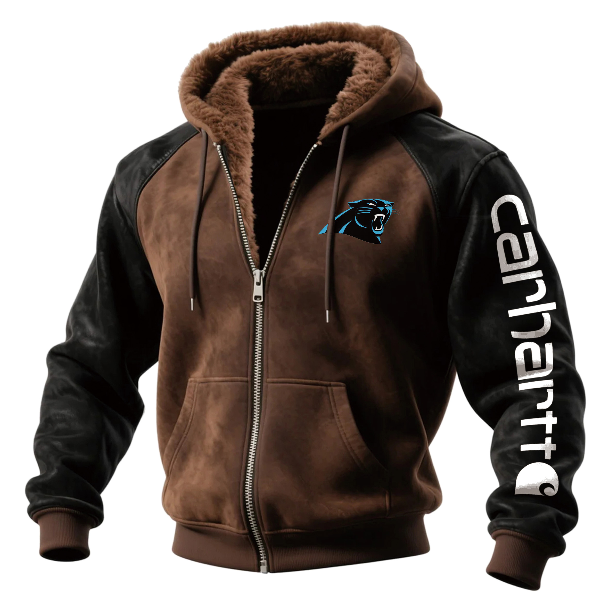 Carolina Panthers Outdoor Men's Casual Fur Collar Retro Zipper Cardigan Suede Jacket